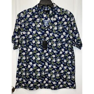 NWT Quieti Mens Floral Stretch Cotton Short Sleeve Button Up Shirt Navy Blue L